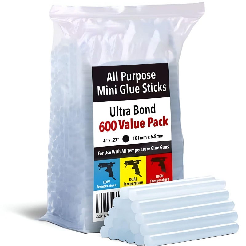Artellius Mini Hot Glue Sticks - Clear, 600 Count, 4 in L x 0.27 in Dia - Fits Most Guns & Hot Melt Tools - Craft & Fabric Adhesive Sticks for DIY, School & Kids Projects - Image 1